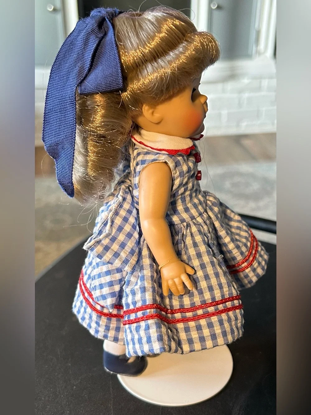 Vintage Vogue Ginny Doll from the 1950s, blue & white gingham dress w/red ribbon